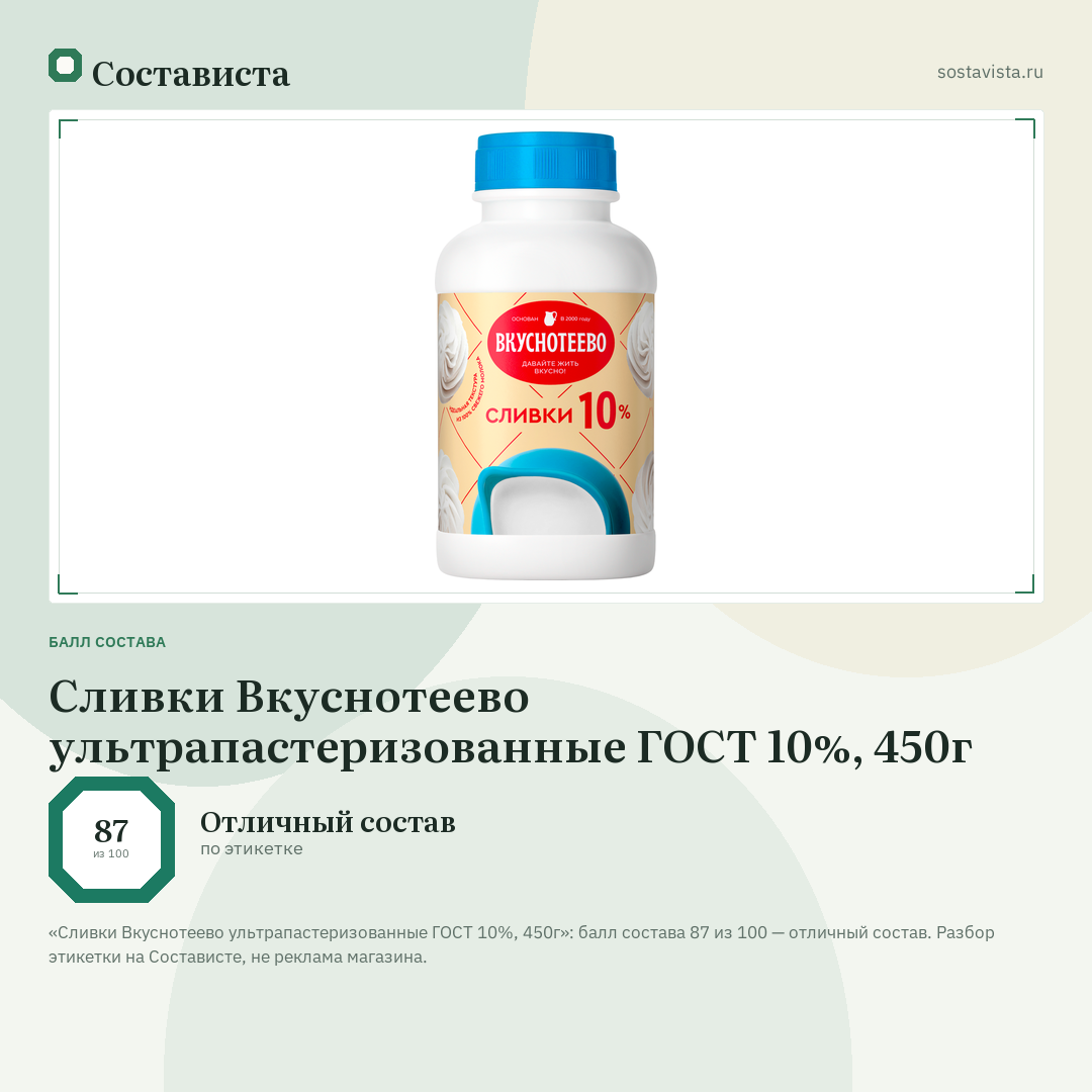 Сливки Вкуснотеево ультрапастеризованные ГОСТ 10%, 450г: балл состава 87 из 100 — Состависта