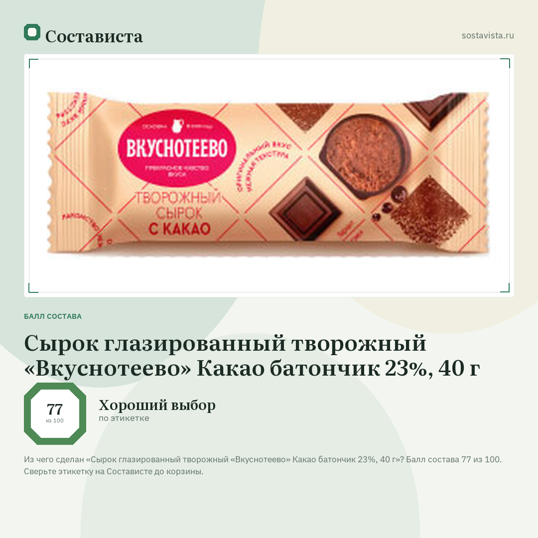 Сырок глазированный творожный «Вкуснотеево» Какао батончик 23%, 40 г: балл состава 77 из 100 — Состависта