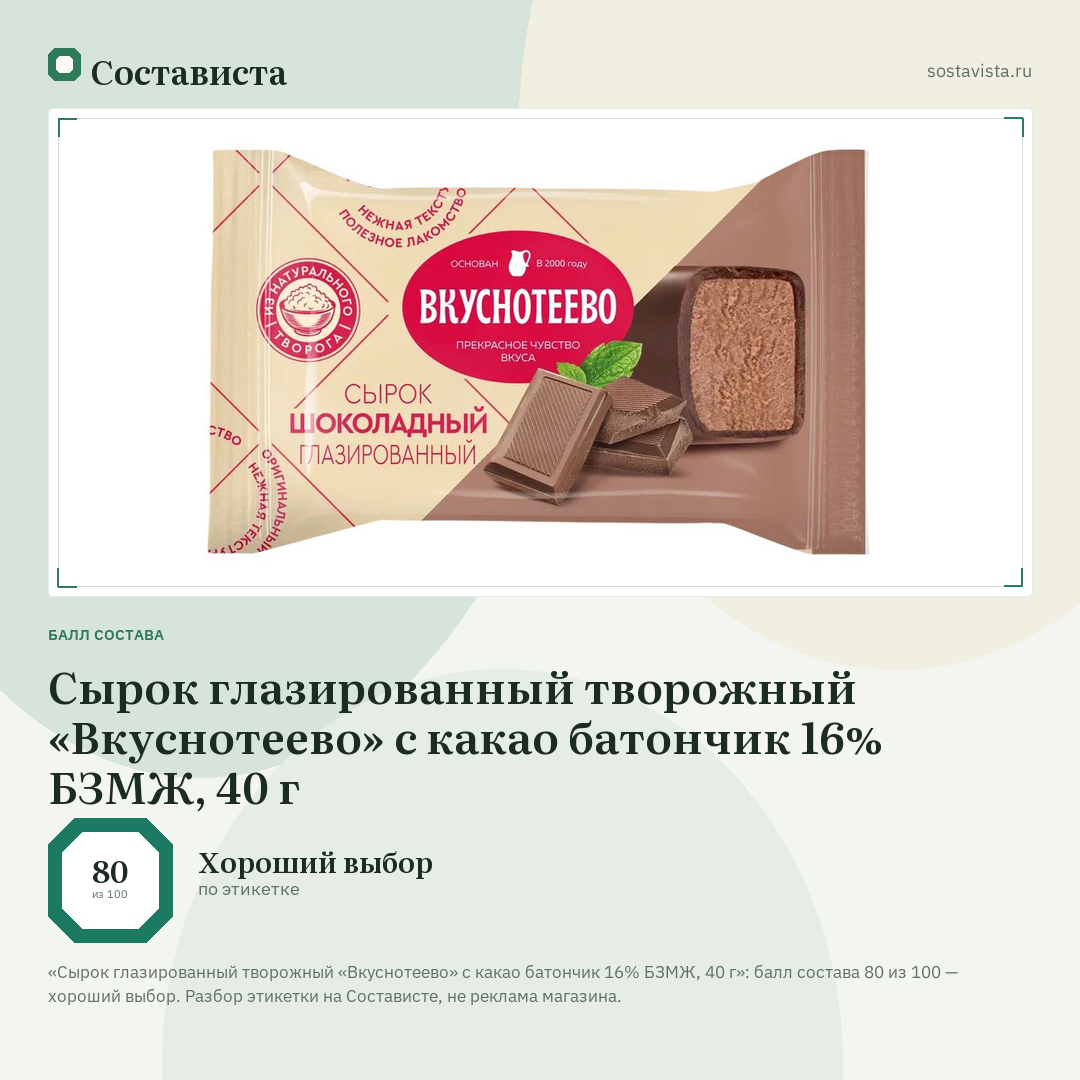 Сырок глазированный творожный «Вкуснотеево» с какао батончик 16% БЗМЖ, 40 г: балл состава 80 из 100 — Состависта