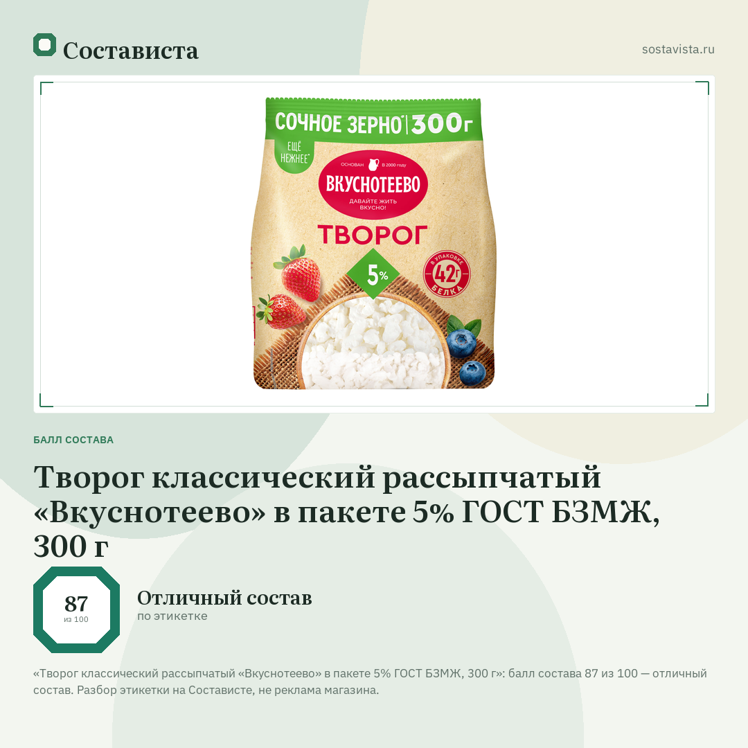 Творог классический рассыпчатый «Вкуснотеево» в пакете 5% ГОСТ БЗМЖ, 300 г: балл состава 87 из 100 — Состависта