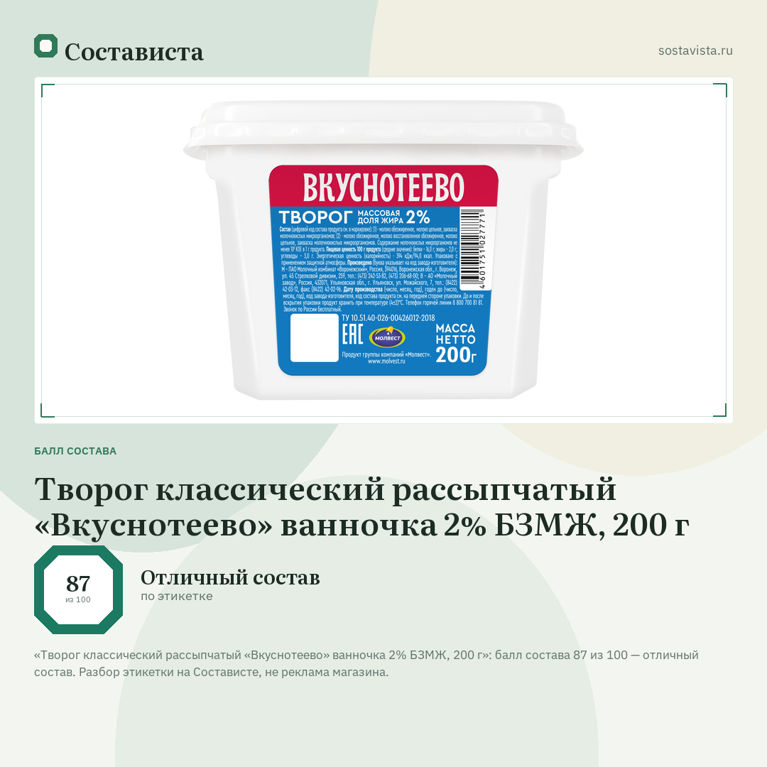 Творог классический рассыпчатый «Вкуснотеево» ванночка 2% БЗМЖ, 200 г: балл состава 87 из 100 — Состависта