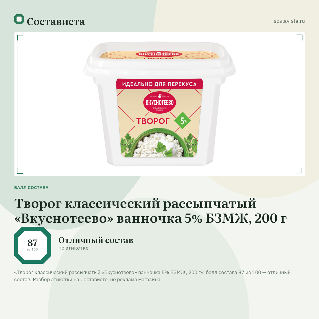 Творог классический рассыпчатый «Вкуснотеево» ванночка 5% БЗМЖ, 200 г: балл состава 87 из 100 — Состависта