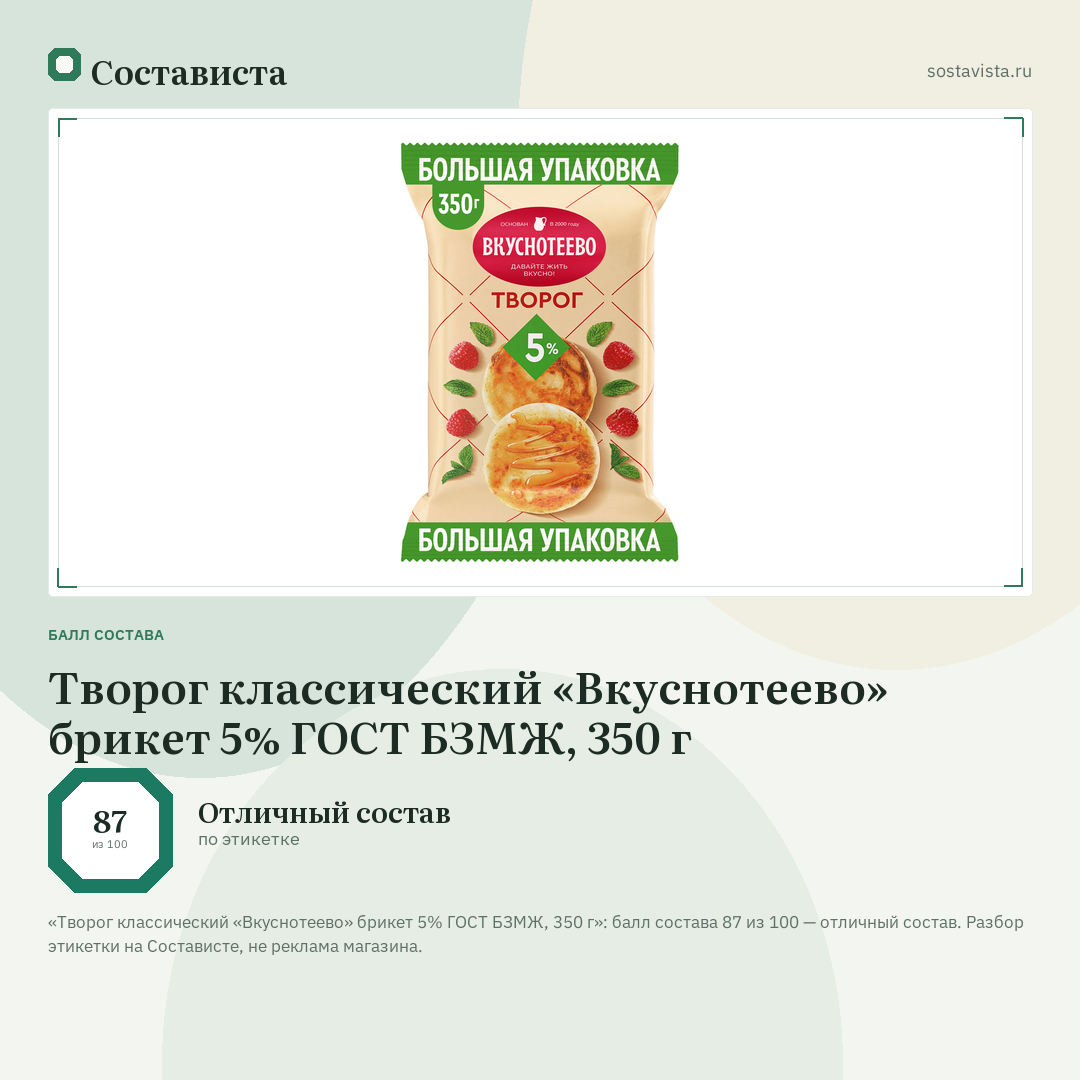 Творог классический «Вкуснотеево» брикет 5% ГОСТ БЗМЖ, 350 г: балл состава 87 из 100 — Состависта