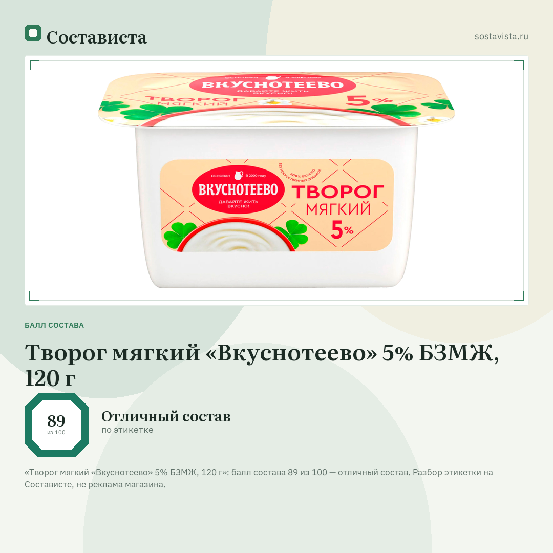 Творог мягкий «Вкуснотеево» 5% БЗМЖ, 120 г: балл состава 89 из 100 — Состависта