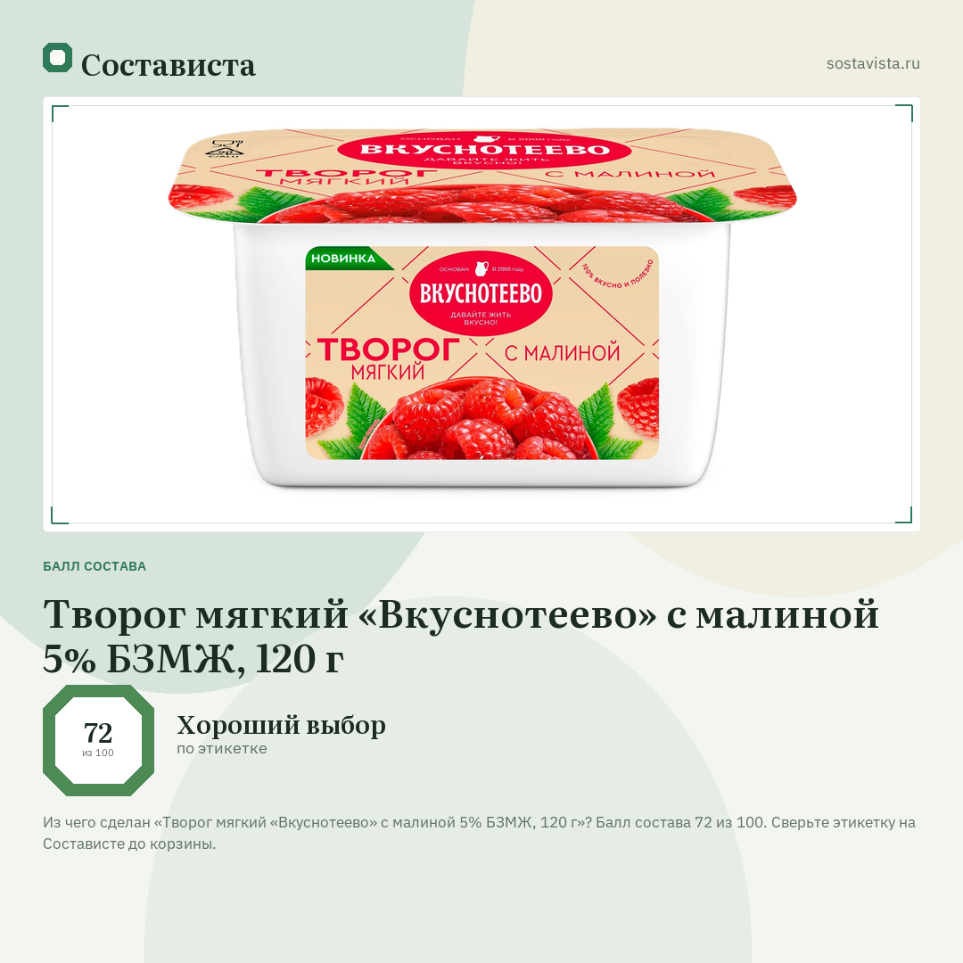 Творог мягкий «Вкуснотеево» с малиной 5% БЗМЖ, 120 г: балл состава 72 из 100 — Состависта