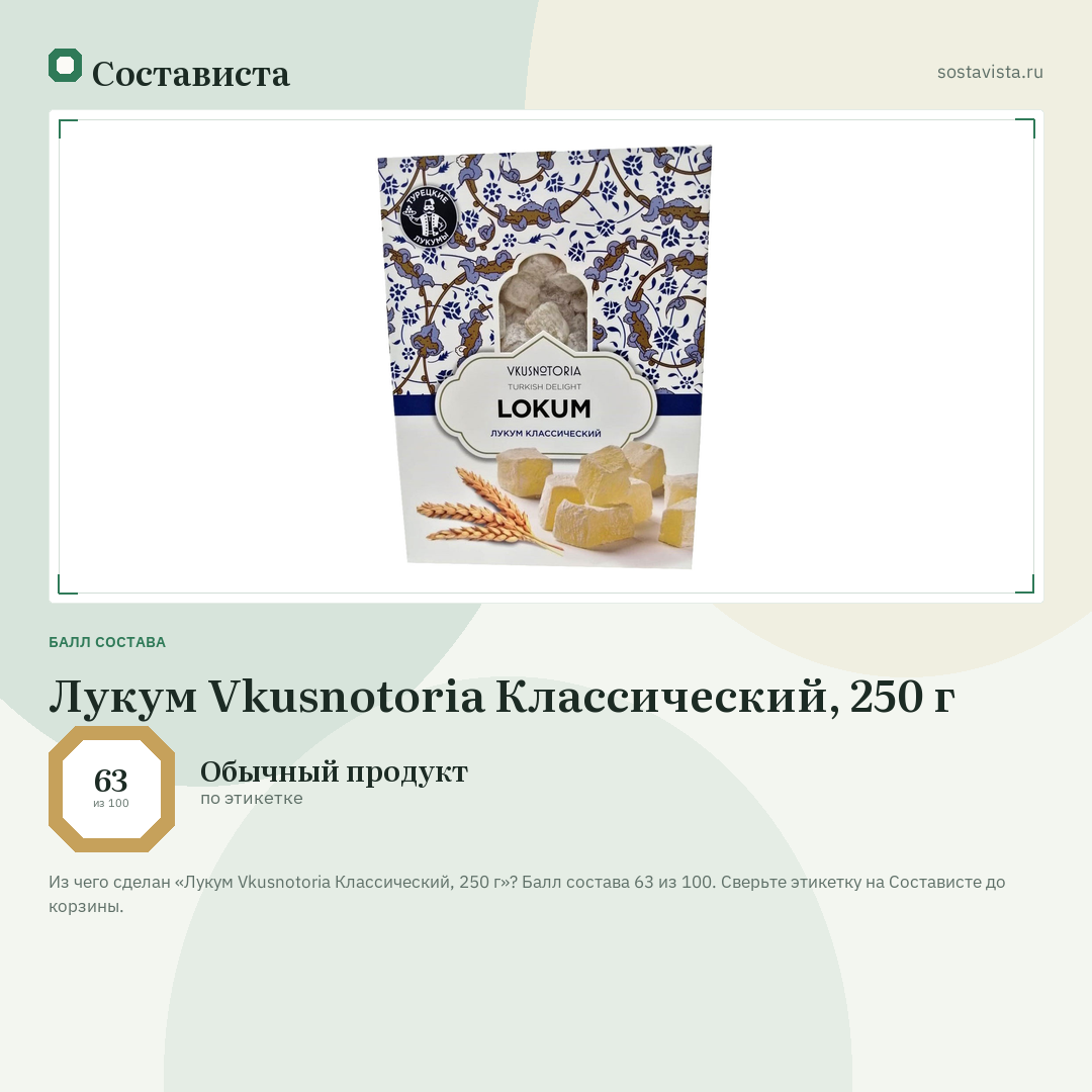 Лукум Vkusnotoria Классический, 250 г: балл состава 63 из 100 — Состависта