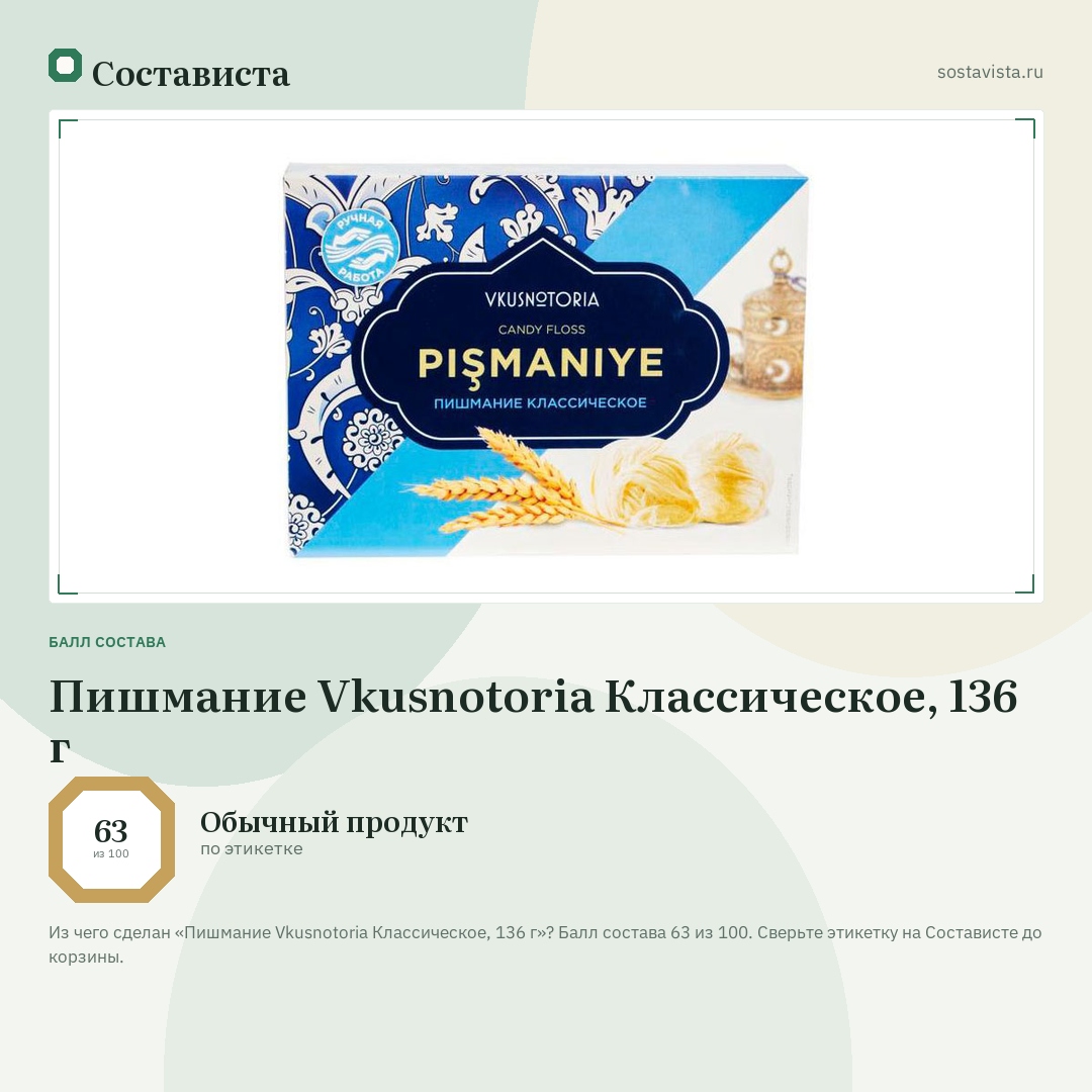 Пишмание Vkusnotoria Классическое, 136 г: балл состава 63 из 100 — Состависта