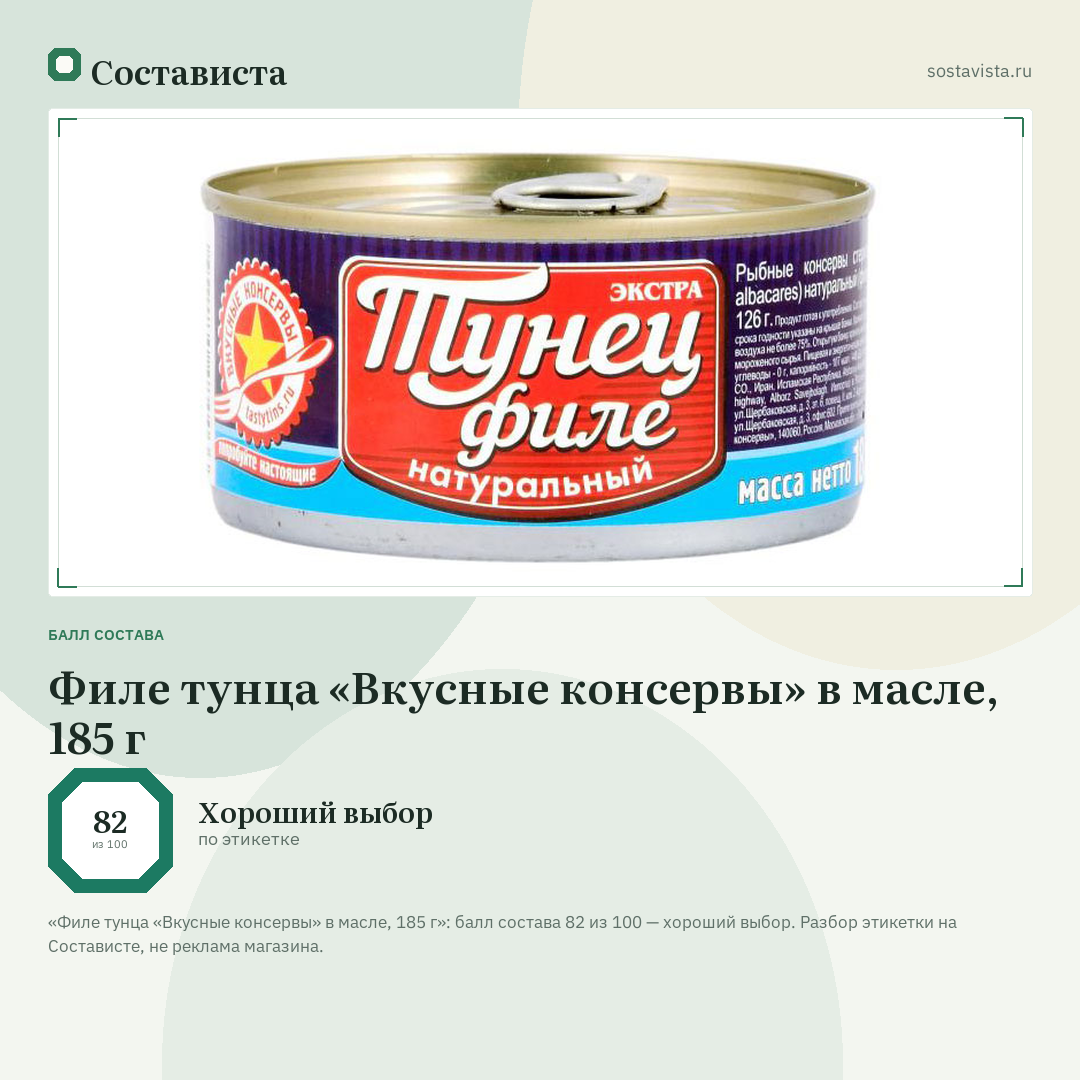 Филе тунца «Вкусные консервы» в масле, 185 г: балл состава 82 из 100 — Состависта