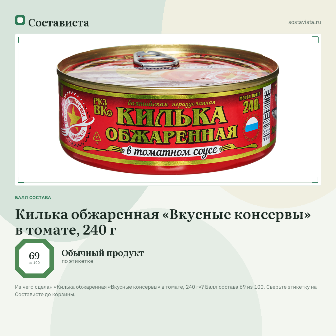 Килька обжаренная «Вкусные консервы» в томате, 240 г: балл состава 69 из 100 — Состависта