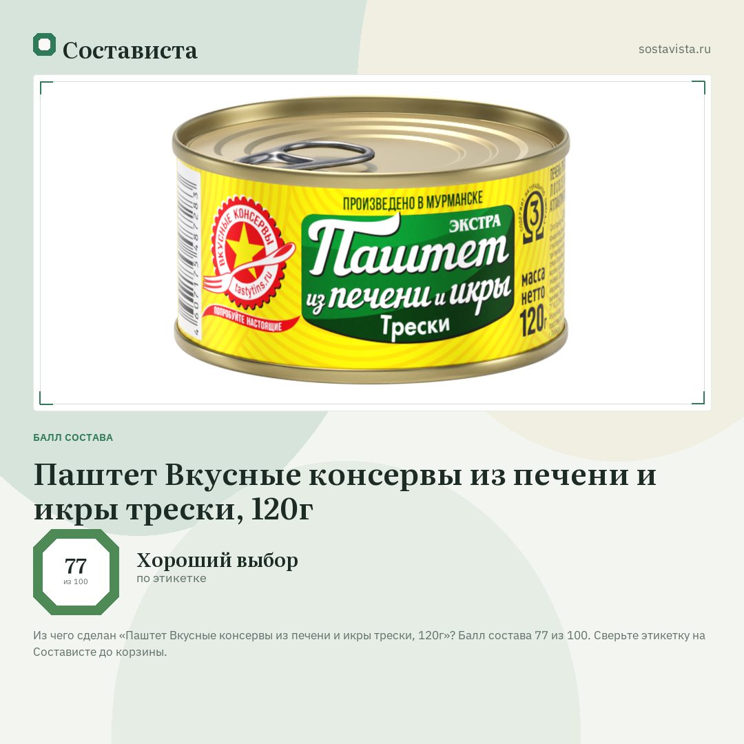 Паштет Вкусные консервы из печени и икры трески, 120г: балл состава 77 из 100 — Состависта