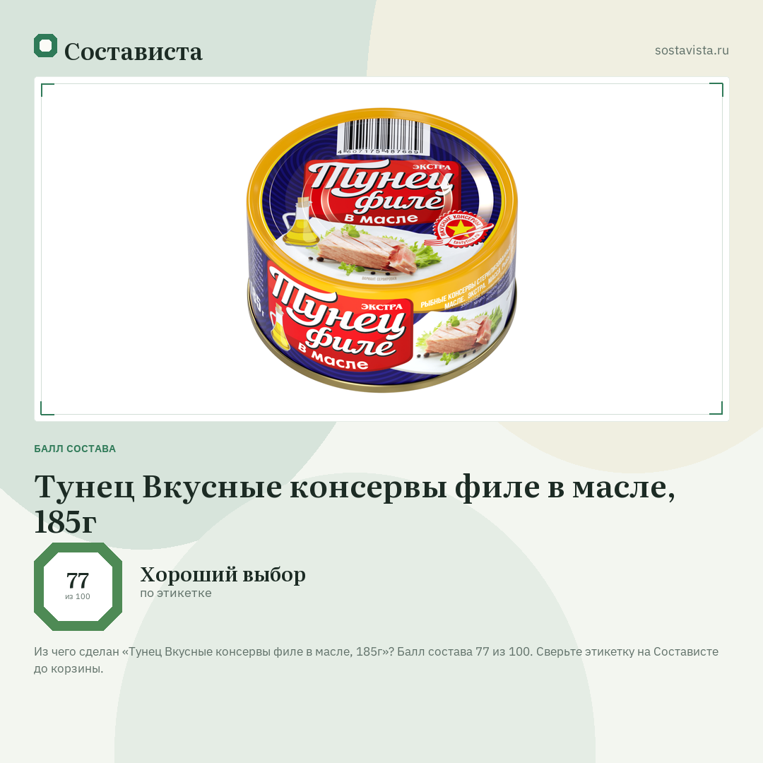 Тунец Вкусные консервы филе в масле, 185г: балл состава 77 из 100 — Состависта
