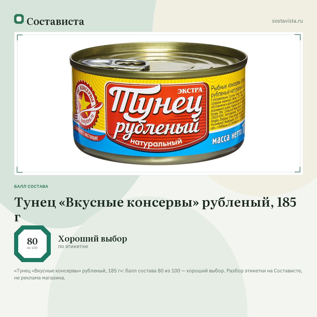 Тунец «Вкусные консервы» рубленый, 185 г: балл состава 80 из 100 — Состависта