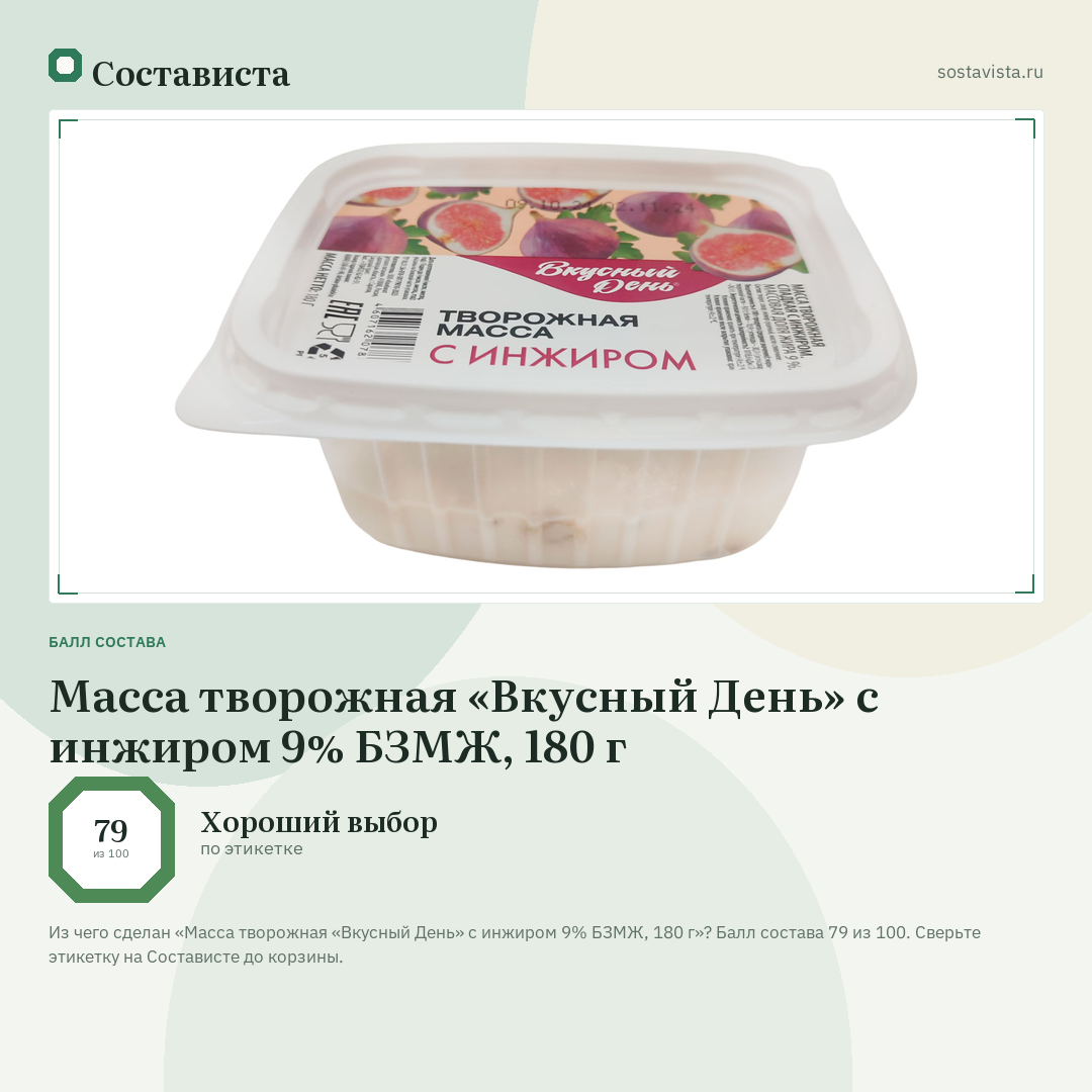 Масса творожная «Вкусный День» с инжиром 9% БЗМЖ, 180 г: балл состава 79 из 100 — Состависта