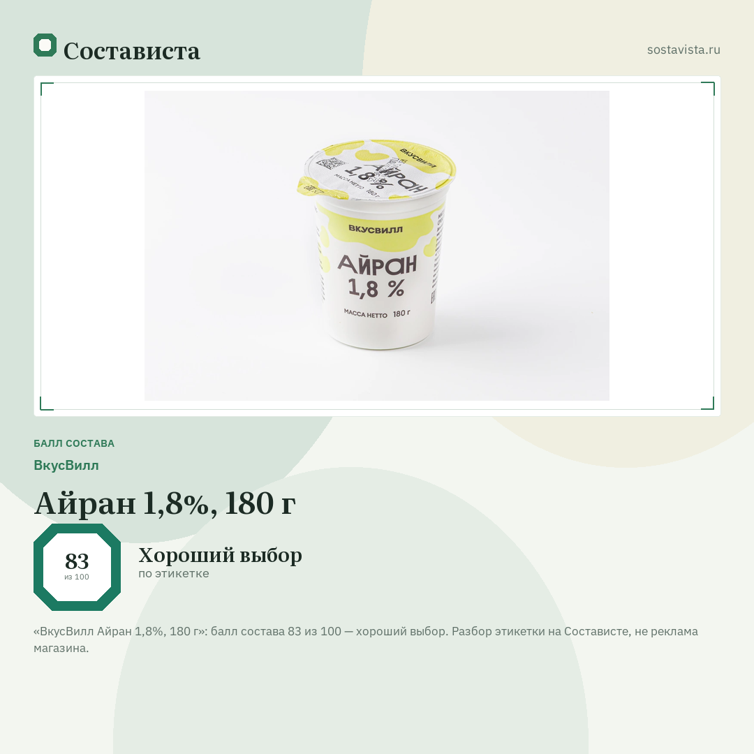 ВкусВилл Айран 1,8%, 180 г: балл состава 83 из 100 — Состависта