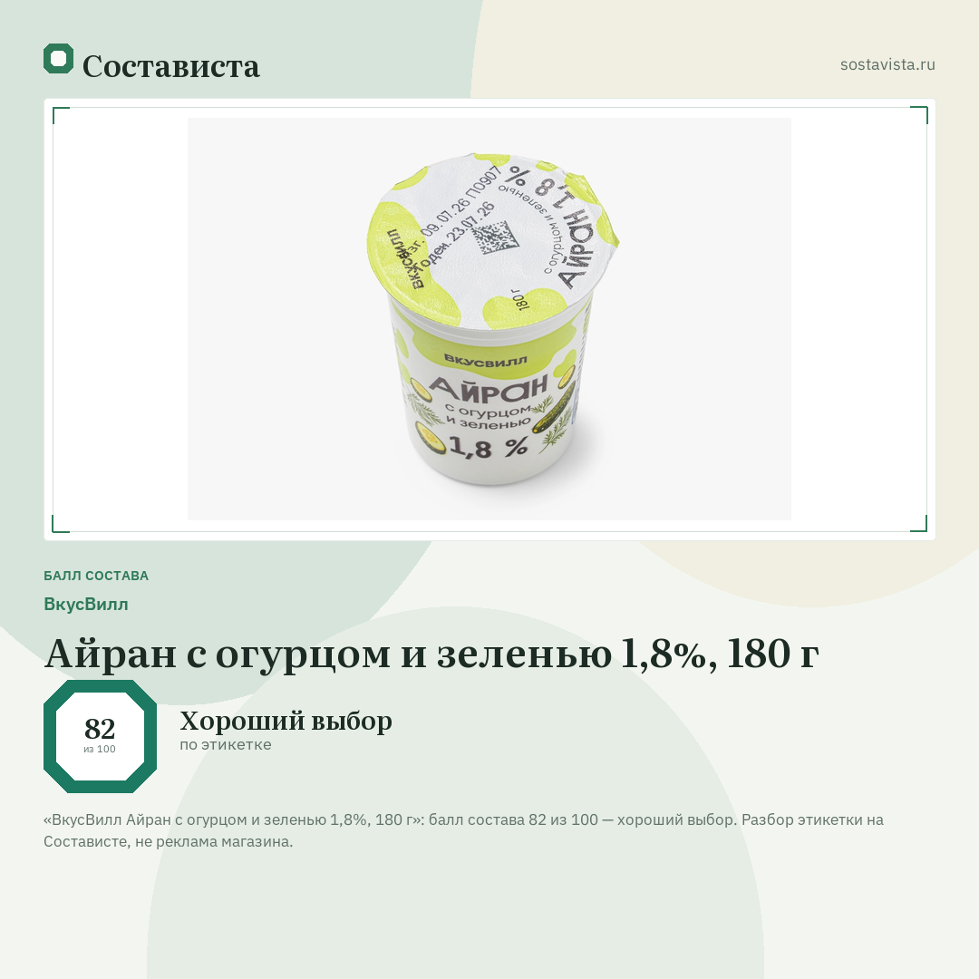 ВкусВилл Айран с огурцом и зеленью 1,8%, 180 г: балл состава 82 из 100 — Состависта