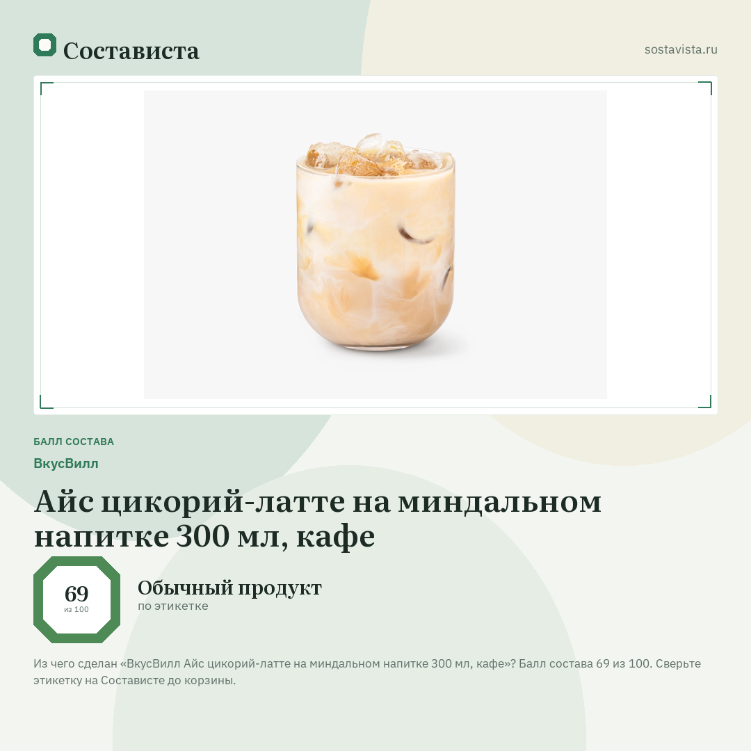 ВкусВилл Айс цикорий-латте на миндальном напитке 300 мл, кафе: балл состава 69 из 100 — Состависта