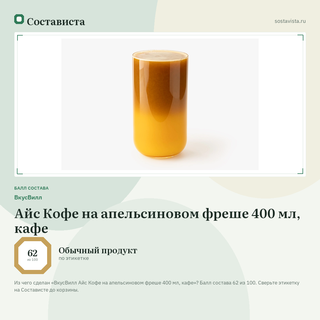 ВкусВилл Айс Кофе на апельсиновом фреше 400 мл, кафе: балл состава 62 из 100 — Состависта