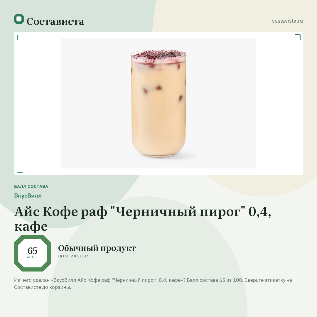 ВкусВилл Айс Кофе раф "Черничный пирог" 0,4, кафе: балл состава 65 из 100 — Состависта