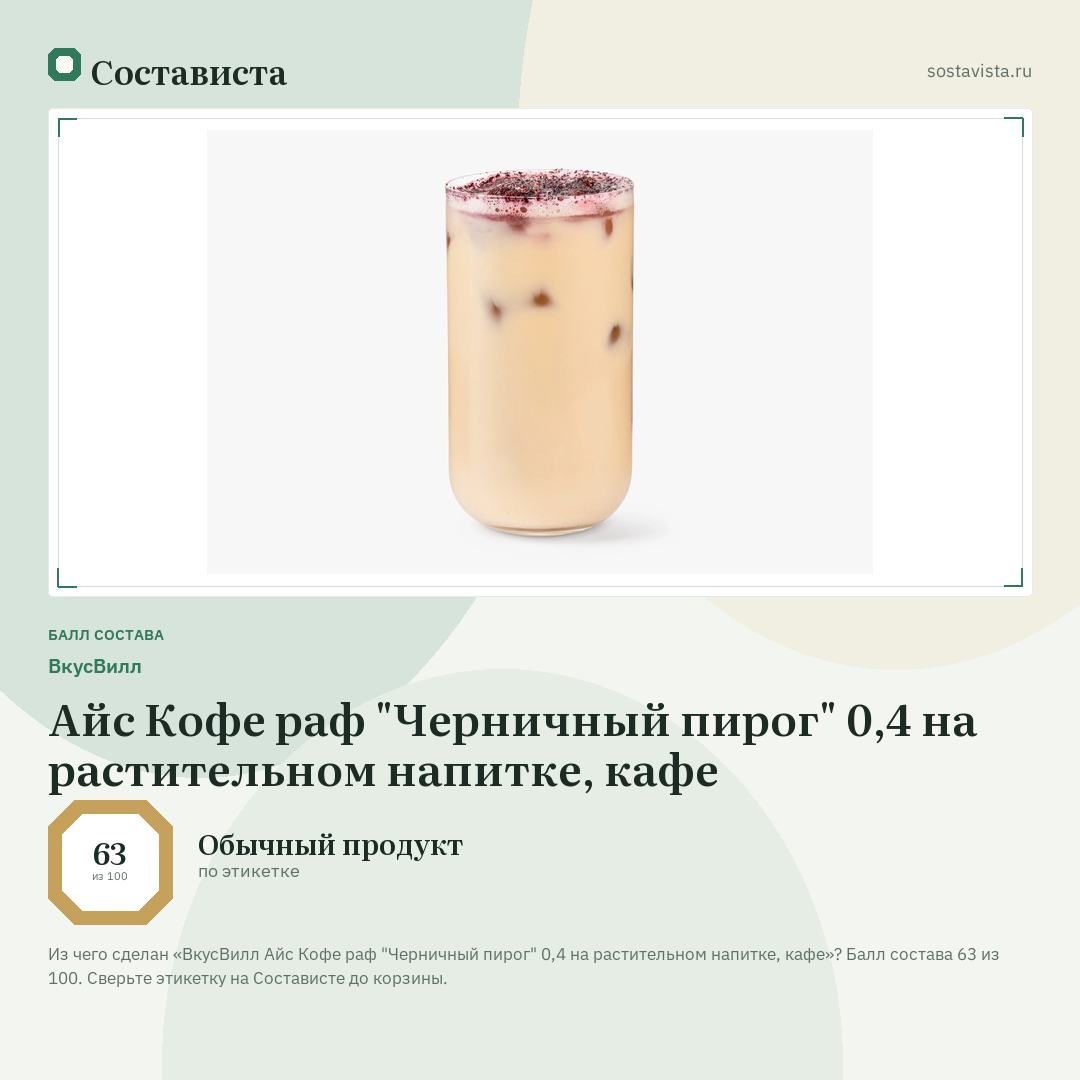 ВкусВилл Айс Кофе раф "Черничный пирог" 0,4 на растительном напитке, кафе: балл состава 63 из 100 — Состависта