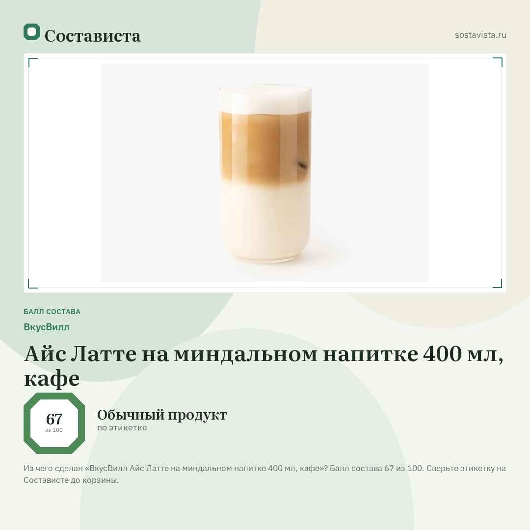 ВкусВилл Айс Латте на миндальном напитке 400 мл, кафе: балл состава 67 из 100 — Состависта