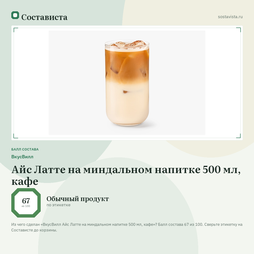 ВкусВилл Айс Латте на миндальном напитке 500 мл, кафе: балл состава 67 из 100 — Состависта