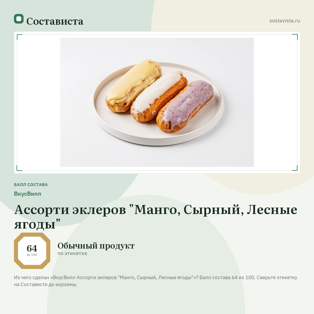 ВкусВилл Ассорти эклеров "Манго, Сырный, Лесные ягоды": балл состава 64 из 100 — Состависта