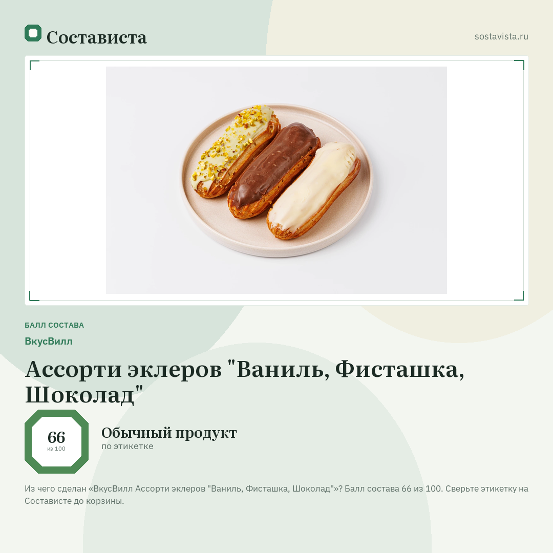 ВкусВилл Ассорти эклеров "Ваниль, Фисташка, Шоколад": балл состава 66 из 100 — Состависта