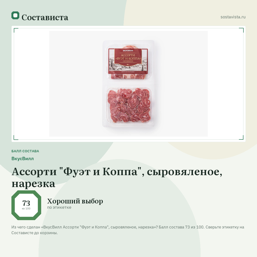 ВкусВилл Ассорти "Фуэт и Коппа", сыровяленое, нарезка: балл состава 73 из 100 — Состависта