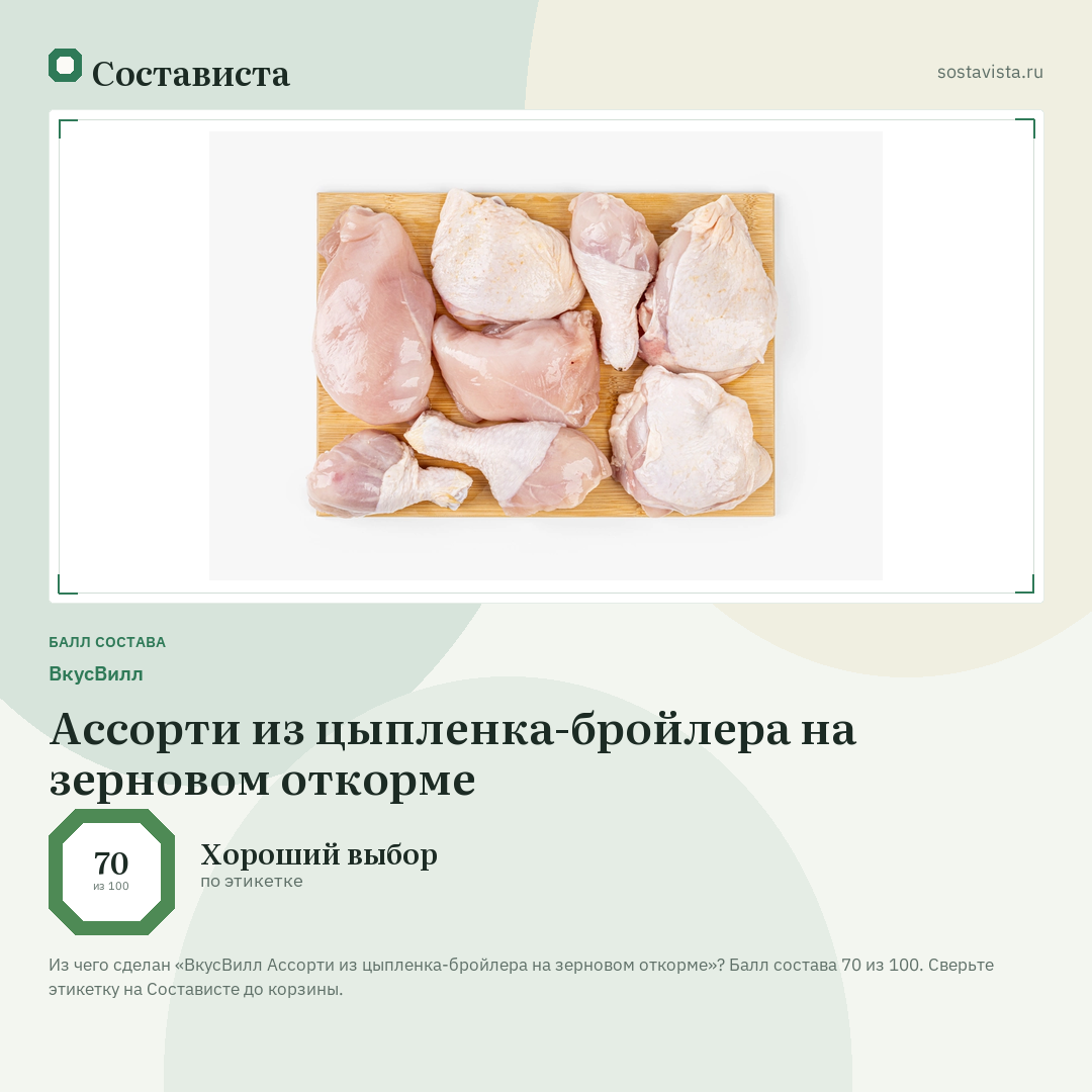 ВкусВилл Ассорти из цыпленка-бройлера на зерновом откорме: балл состава 70 из 100 — Состависта