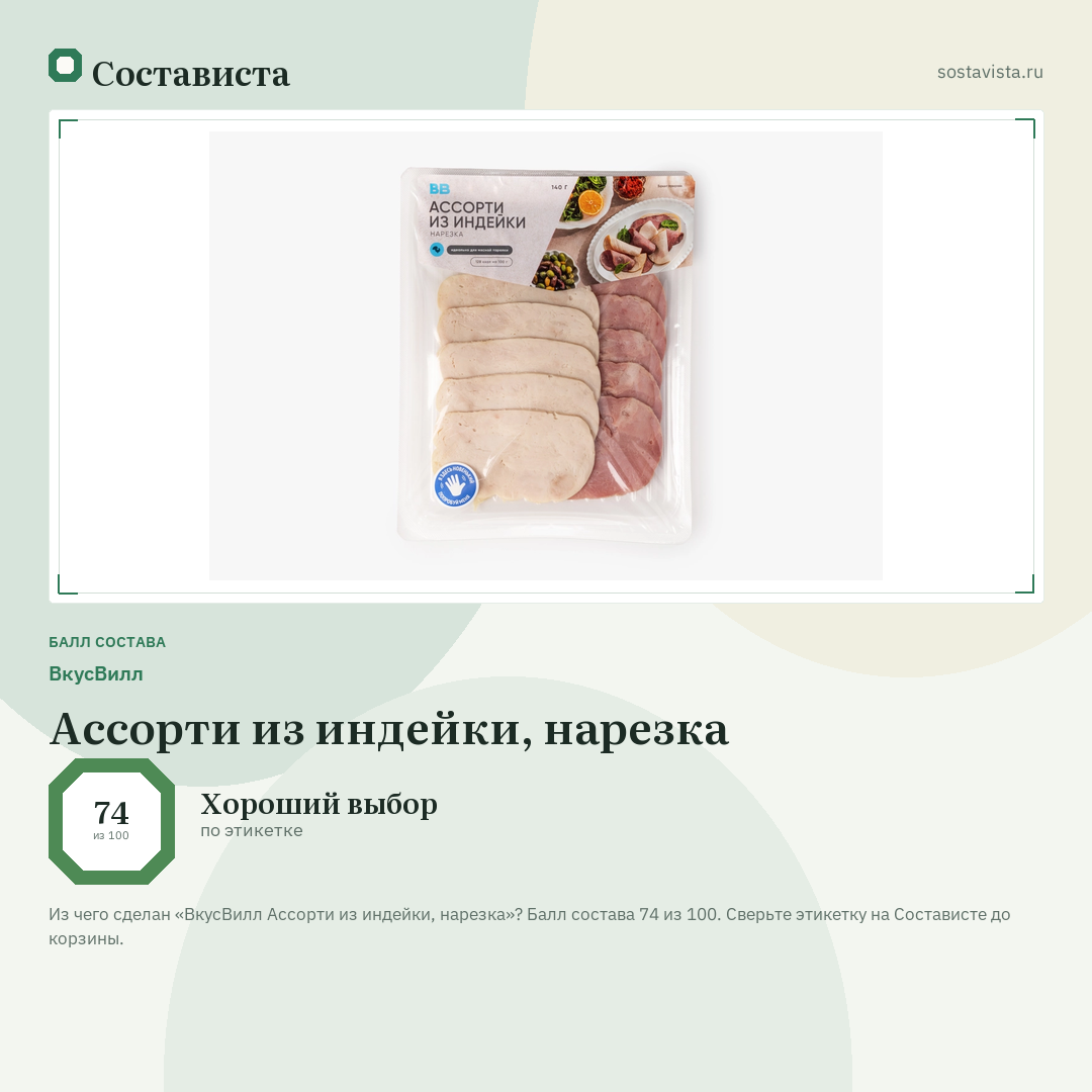ВкусВилл Ассорти из индейки, нарезка: балл состава 74 из 100 — Состависта
