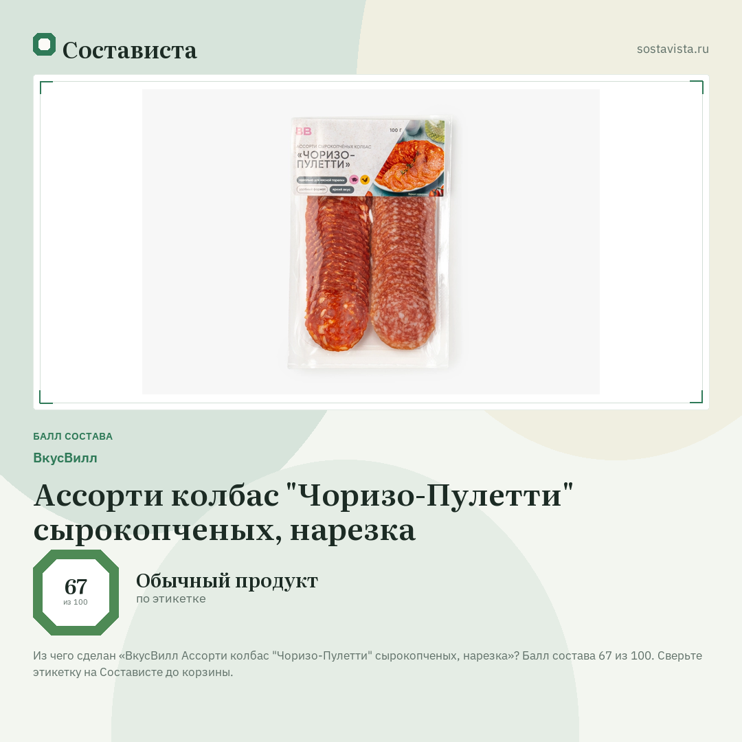 ВкусВилл Ассорти колбас "Чоризо-Пулетти" сырокопченых, нарезка: балл состава 67 из 100 — Состависта