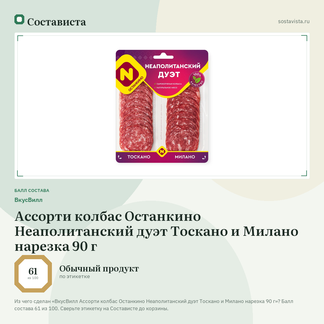 ВкусВилл Ассорти колбас Останкино Неаполитанский дуэт Тоскано и Милано нарезка 90 г: балл состава 61 из 100 — Состависта