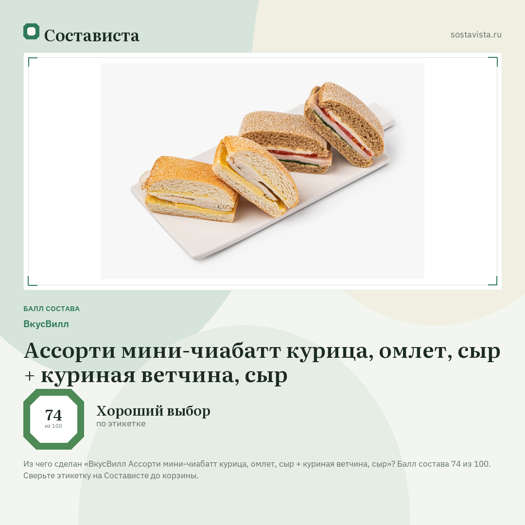ВкусВилл Ассорти мини-чиабатт курица, омлет, сыр + куриная ветчина, сыр: балл состава 74 из 100 — Состависта