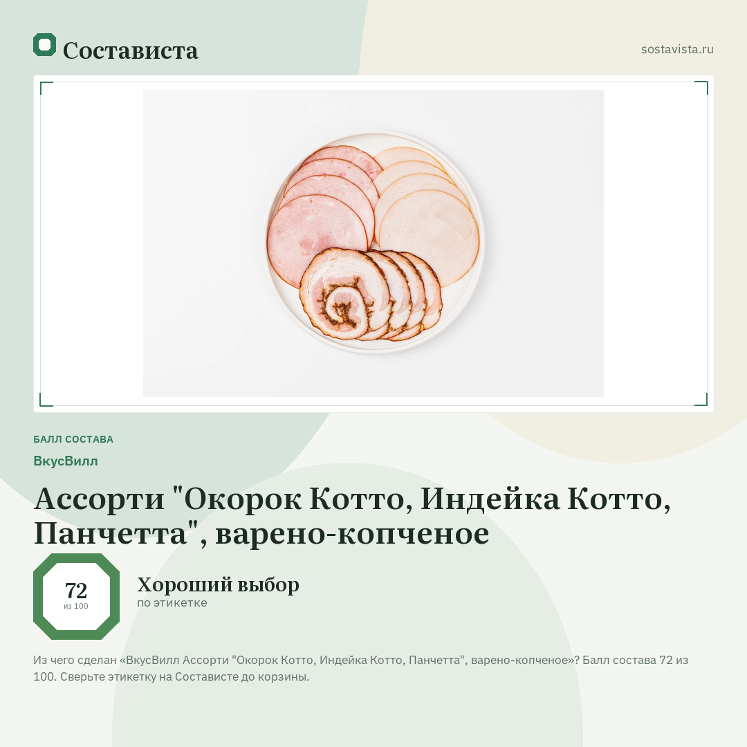 ВкусВилл Ассорти "Окорок Котто, Индейка Котто, Панчетта", варено-копченое: балл состава 72 из 100 — Состависта