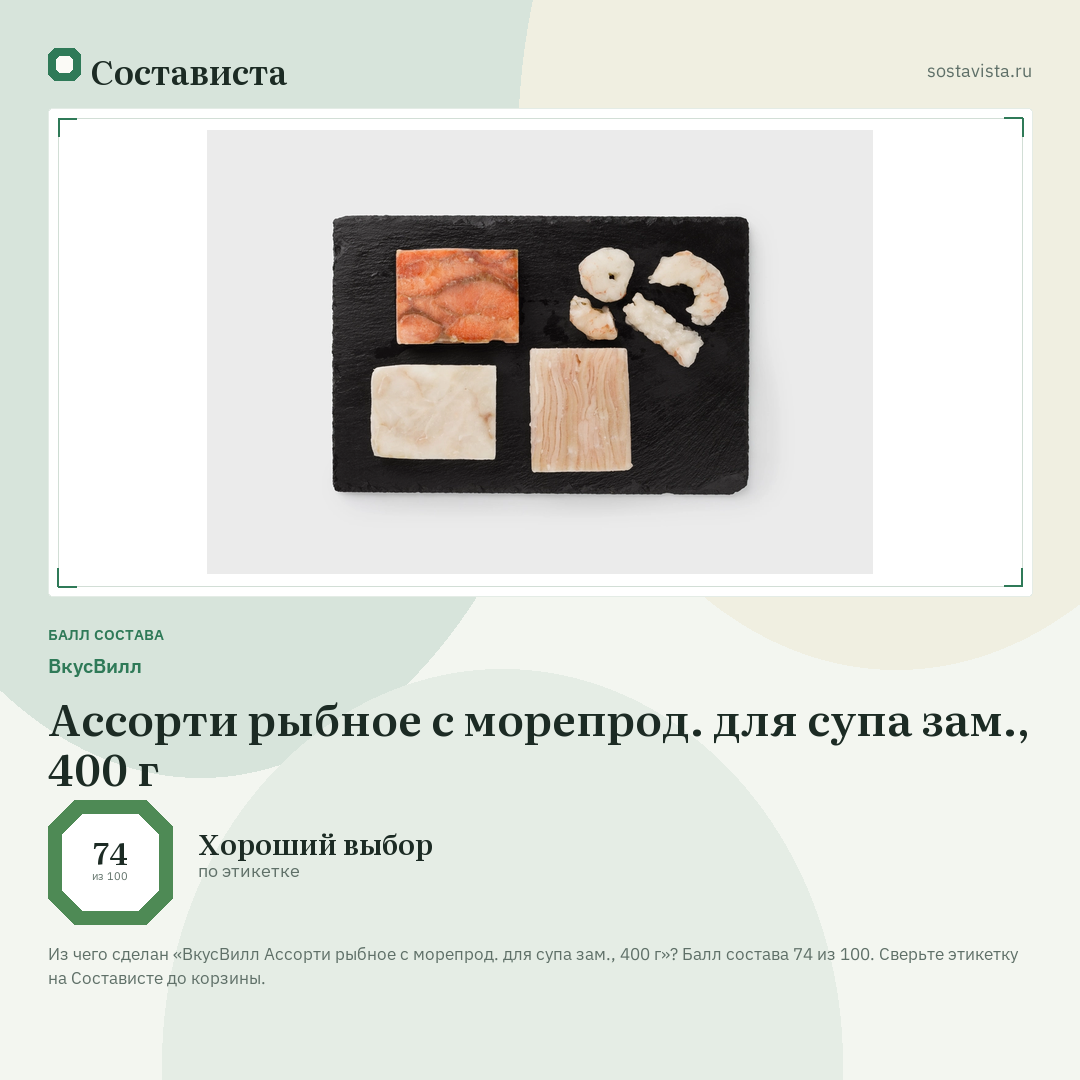 ВкусВилл Ассорти рыбное с морепрод. для супа зам., 400 г: балл состава 74 из 100 — Состависта