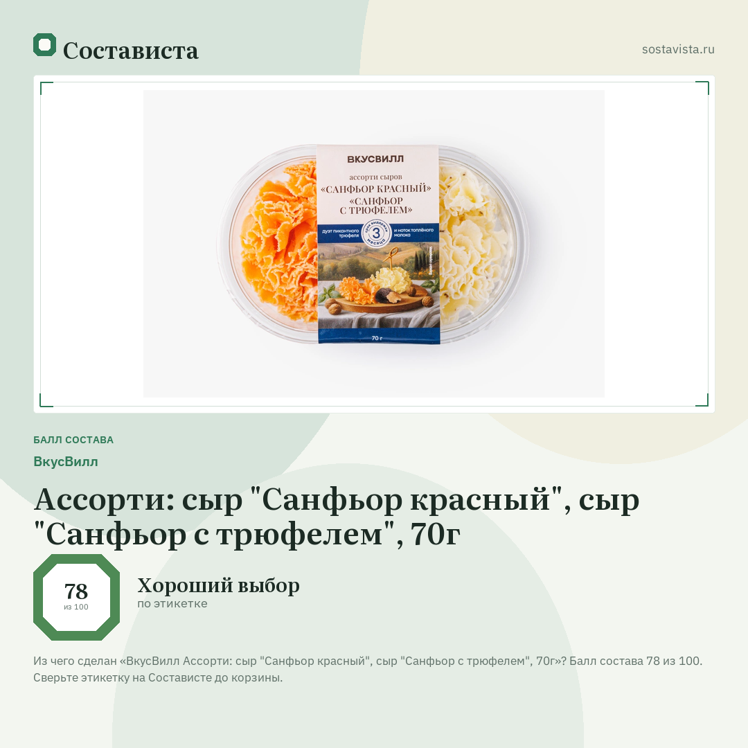 ВкусВилл Ассорти: сыр "Санфьор красный", сыр "Санфьор с трюфелем", 70г: балл состава 78 из 100 — Состависта
