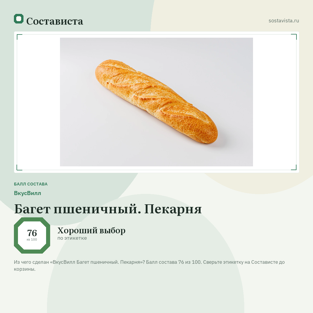 ВкусВилл Багет пшеничный. Пекарня: балл состава 76 из 100 — Состависта