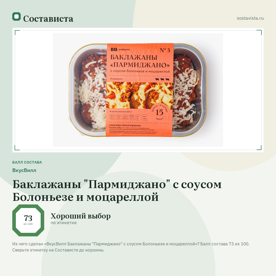 ВкусВилл Баклажаны "Пармиджано" с соусом Болоньезе и моцареллой: балл состава 73 из 100 — Состависта