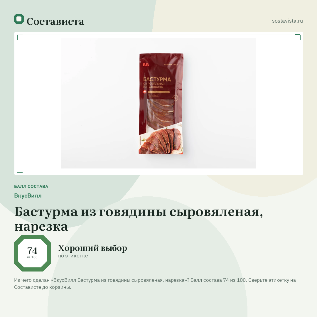 ВкусВилл Бастурма из говядины сыровяленая, нарезка: балл состава 74 из 100 — Состависта