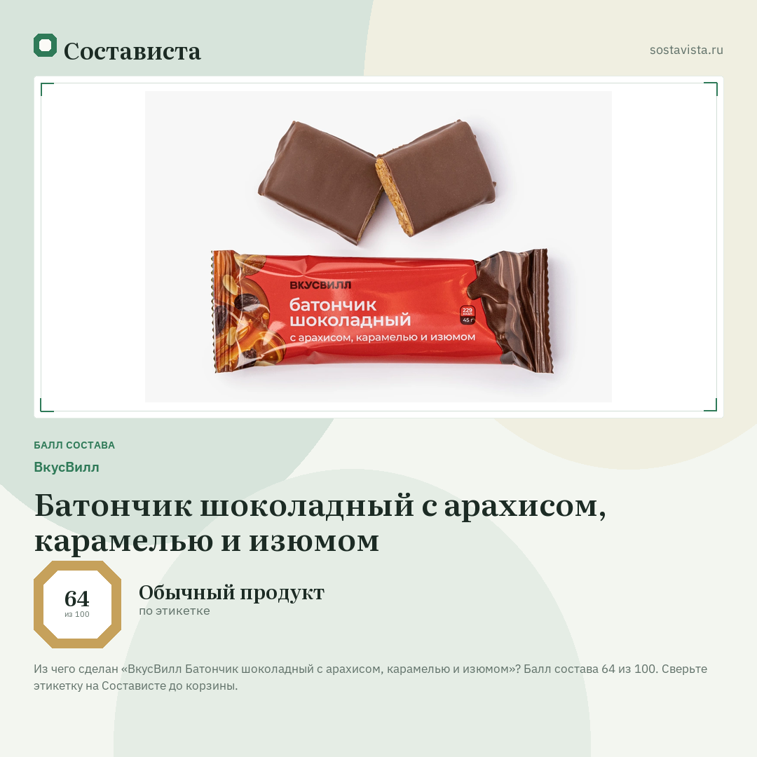 ВкусВилл Батончик шоколадный с арахисом, карамелью и изюмом: балл состава 64 из 100 — Состависта