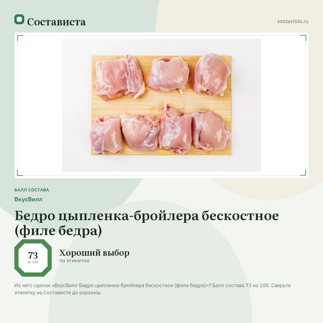 ВкусВилл Бедро цыпленка-бройлера бескостное (филе бедра): балл состава 73 из 100 — Состависта