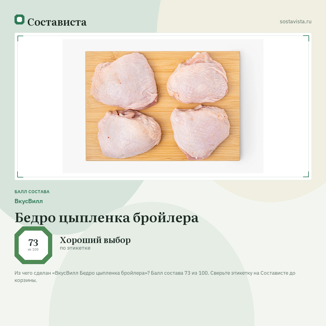 ВкусВилл Бедро цыпленка бройлера: балл состава 73 из 100 — Состависта