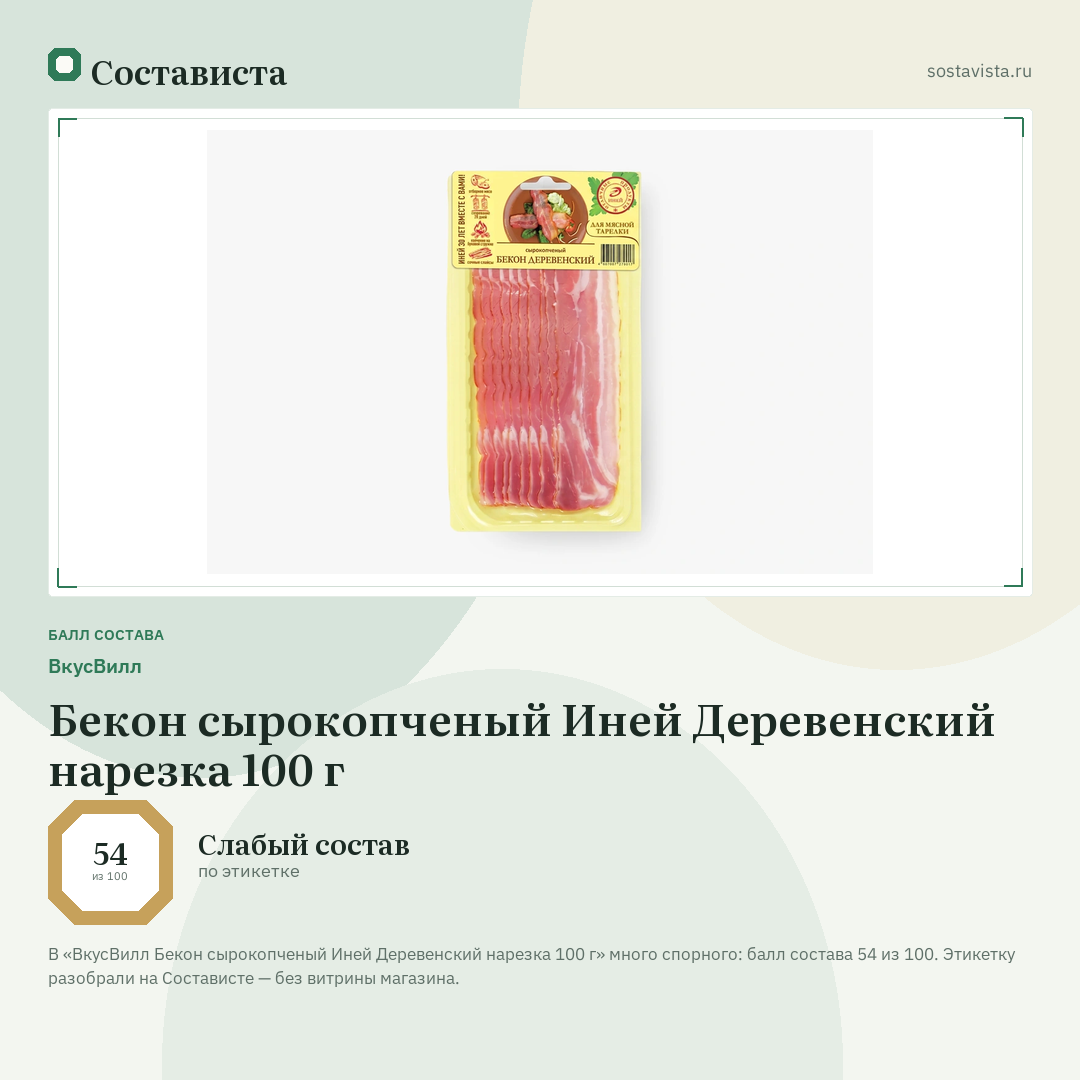 ВкусВилл Бекон сырокопченый Иней Деревенский нарезка 100 г: балл состава 54 из 100 — Состависта