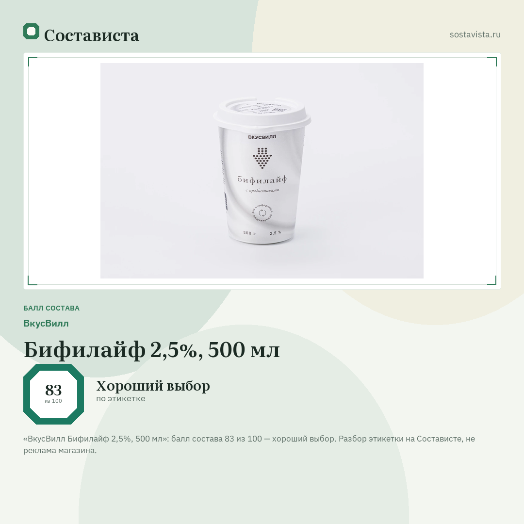 ВкусВилл Бифилайф 2,5%, 500 мл: балл состава 83 из 100 — Состависта