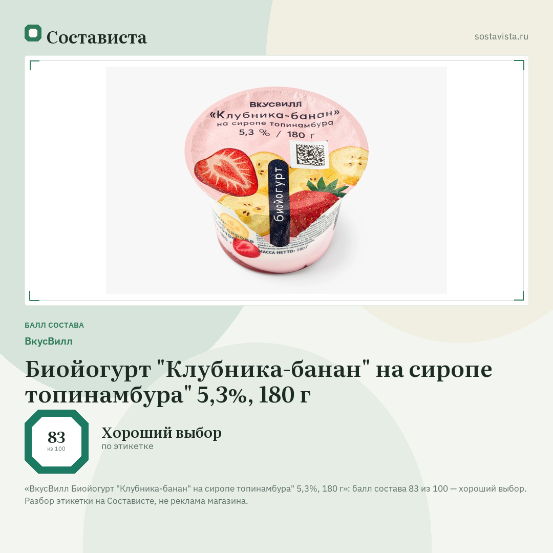ВкусВилл Биойогурт "Клубника-банан" на сиропе топинамбура" 5,3%, 180 г: балл состава 83 из 100 — Состависта