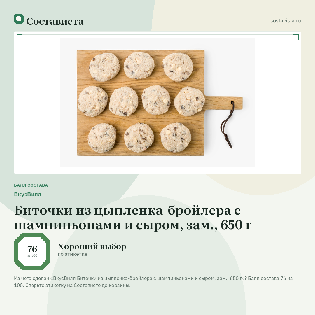 ВкусВилл Биточки из цыпленка-бройлера с шампиньонами и сыром, зам., 650 г: балл состава 76 из 100 — Состависта
