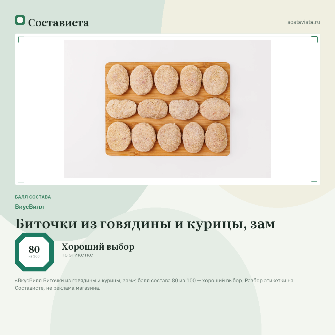 ВкусВилл Биточки из говядины и курицы, зам: балл состава 80 из 100 — Состависта