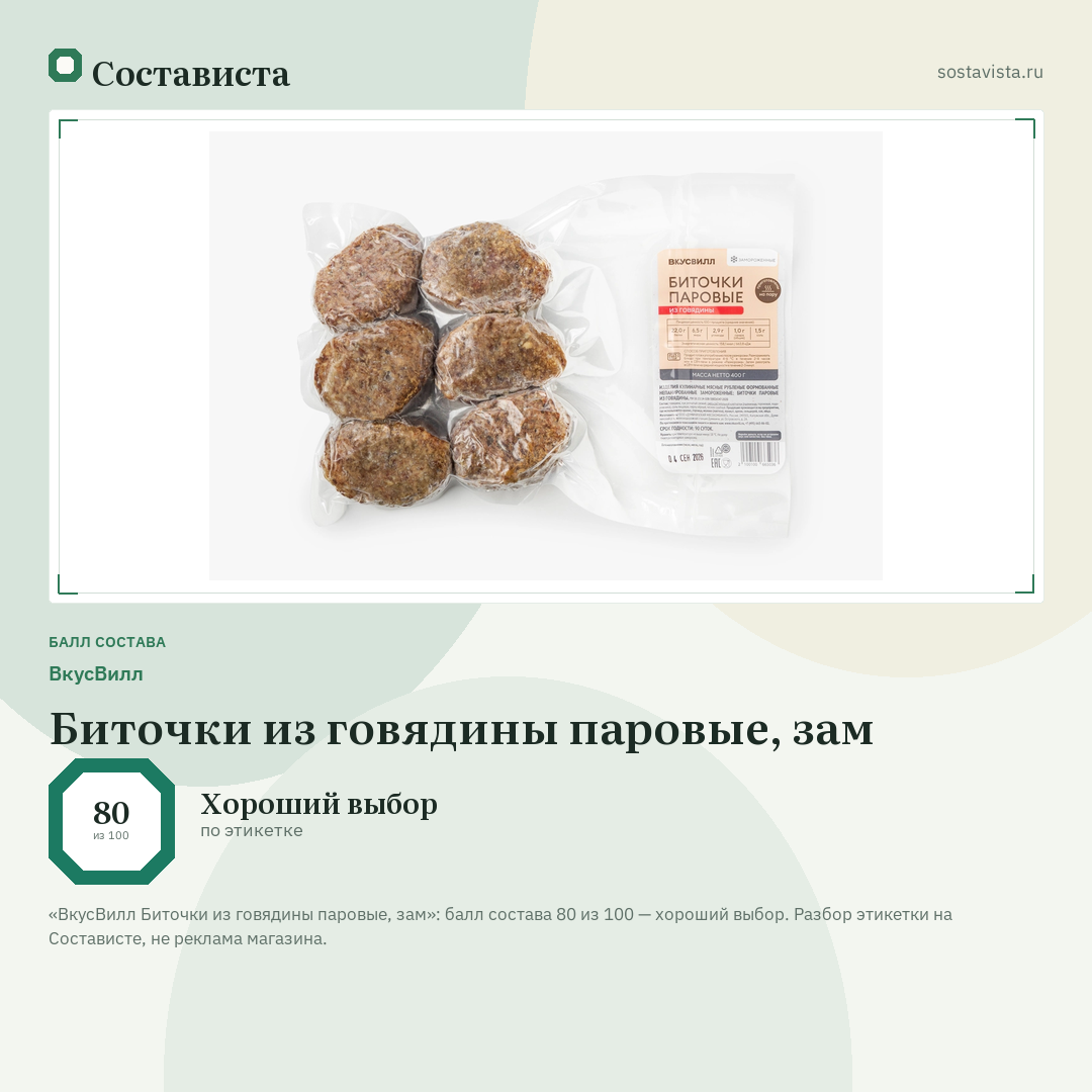 ВкусВилл Биточки из говядины паровые, зам: балл состава 80 из 100 — Состависта