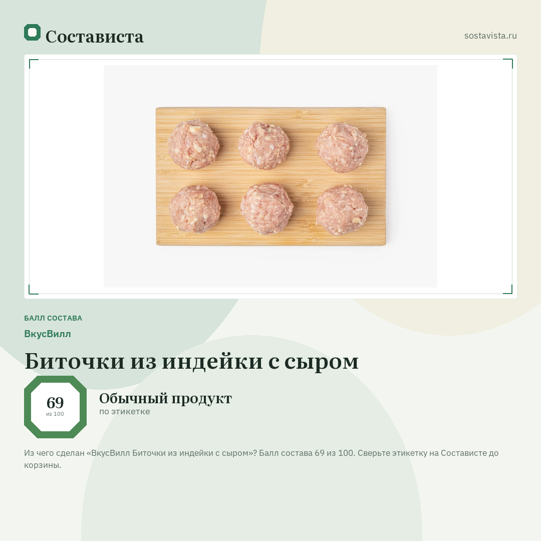 ВкусВилл Биточки из индейки с сыром: балл состава 69 из 100 — Состависта