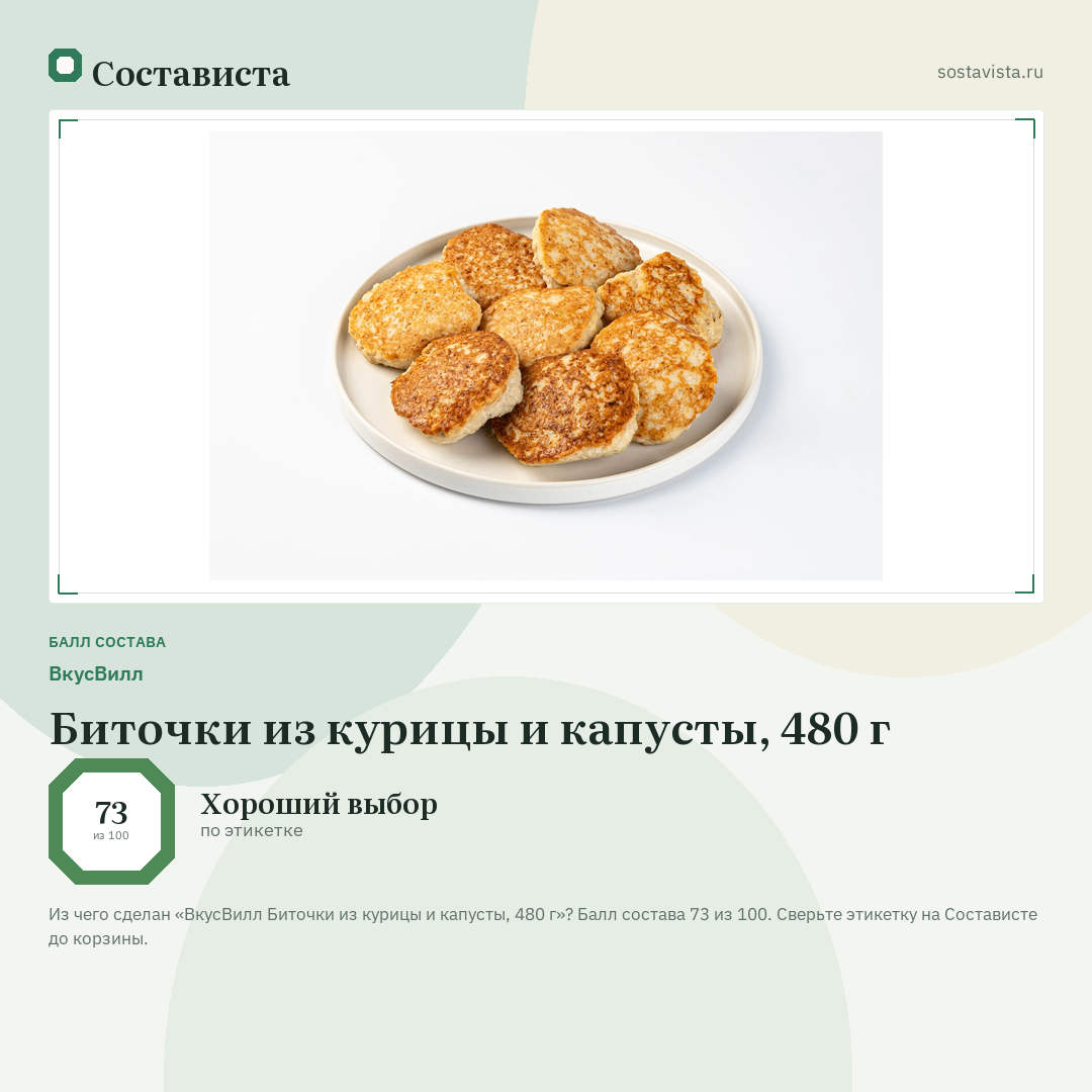 ВкусВилл Биточки из курицы и капусты, 480 г: балл состава 73 из 100 — Состависта